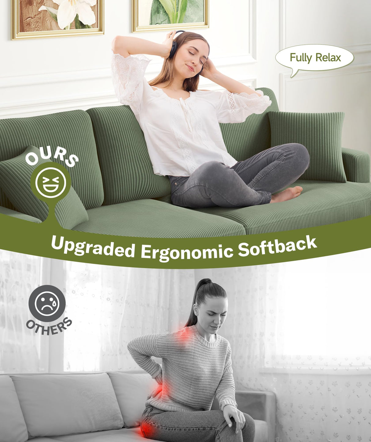 Kidirect 87in Green Sofa, Couches for Living Room 21in Extra Deep Seats, Comfy Corduroy Sofas for Living Room No Tool Assembly, Modern Oversized Love Seat with 2 Pillows, Sofa Couch for Bedroom Kidirect