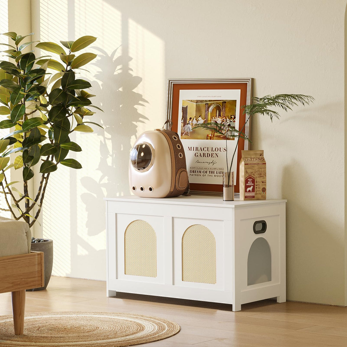 DINZI LVJ Cat Litter Box Enclosure, Flip Top Litter Box Furniture, Rattan-Like Hidden Cat Washroom, Wooden Pet House, End Side Table, 31.5" L x 19.7" W x 19.7" H, Easy to Assemble, White with Rattan DINZI LVJ