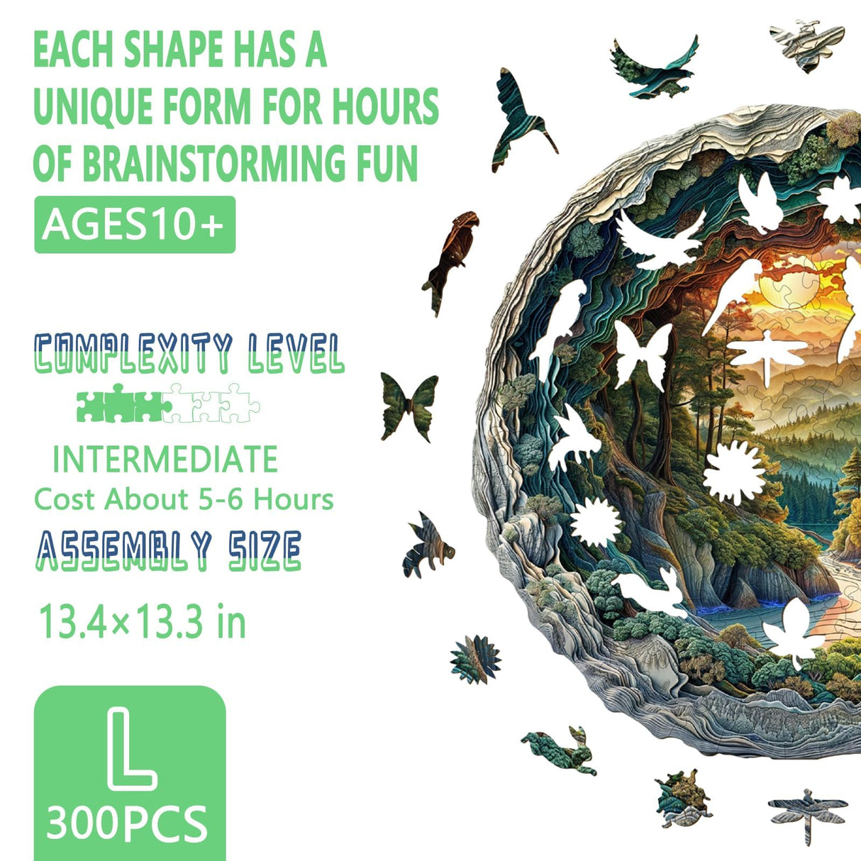 Wooden Puzzles for Adults, 3D Vision Effects Cave Forest Wooden Jigsaw Puzzles for Adults, Unique Shape, Hill Sunset Forest Trail Landscape Wood Puzzles Adult, Home Decor (L-13.4 * 13.3in -300 pcs) Pijesaksa