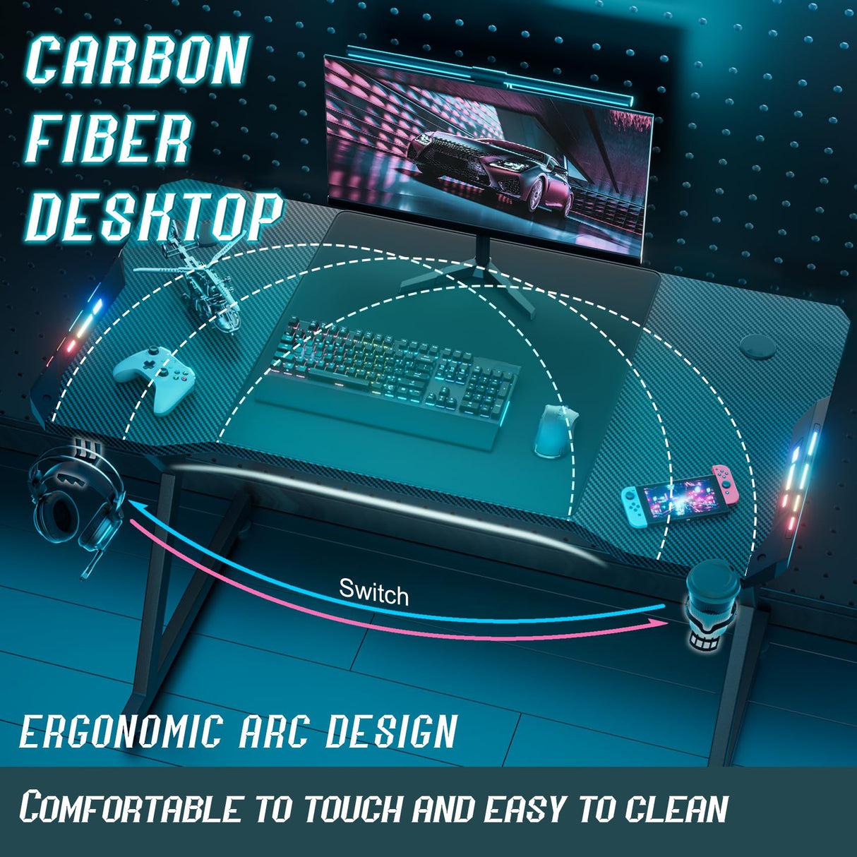 HLDIRECT 47 Inch Gaming Desk with LED Lights, Ergonomic Computer Table with Carbon Fibre Surface, Sturdy PC Workstation Desk for Home Office with Headphone Hook, Cup Holder, Black HLDIRECT