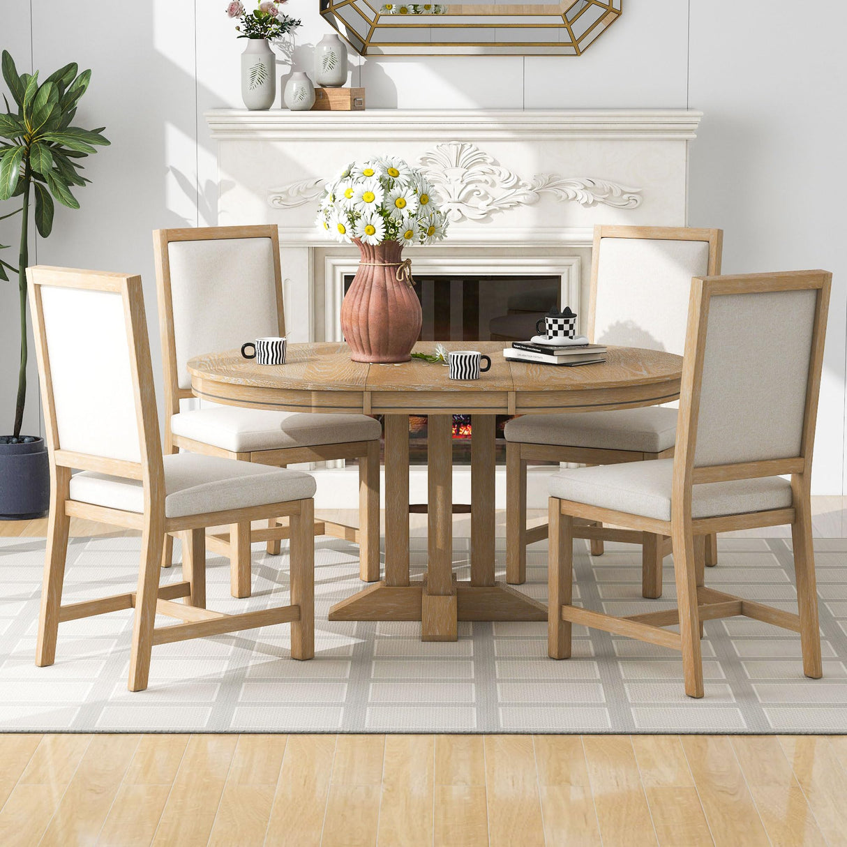 Quarte 5-Piece Farmhouse Round Dining Table Set with Extendable Round Table and 4 Upholstered Chairs, Compact Table Set for Small Kitchen Room (Natural Wood Wash/Adjustable) Quarte
