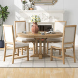 Quarte 5-Piece Farmhouse Round Dining Table Set with Extendable Round Table and 4 Upholstered Chairs, Compact Table Set for Small Kitchen Room (Natural Wood Wash/Adjustable) Quarte