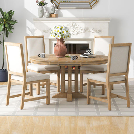 Quarte 5-Piece Farmhouse Round Dining Table Set with Extendable Round Table and 4 Upholstered Chairs, Compact Table Set for Small Kitchen Room (Natural Wood Wash/Adjustable) Quarte