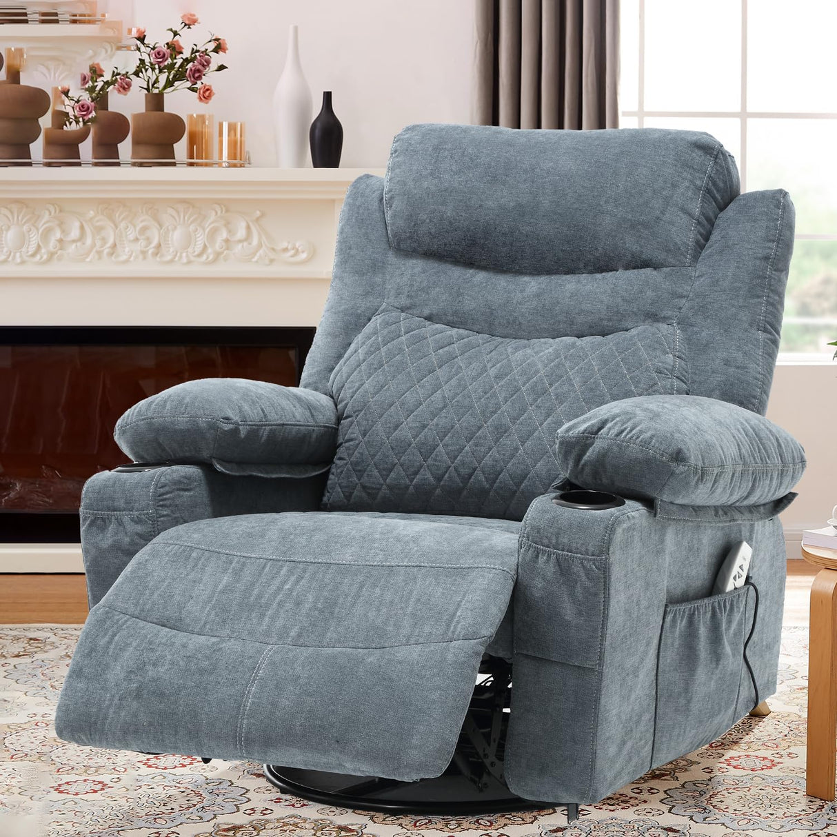 linting Power Swivel Rocker Recliners with Massage and Heat for Adults Fabric Overstuffed Electric Swivel Recliner with Cup Holders USB Port, Rocking Glider Chairs, Blue linting