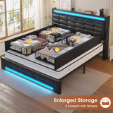 ADORNEVE Queen Bed Frame with Storage Headboard & 4 Drawers, LED Bed Frame Queen with Charging Station, Leather Upholstered Platform Bed Frame with Button Tufted, No Box Spring Needed, Black PU ADORNEVE