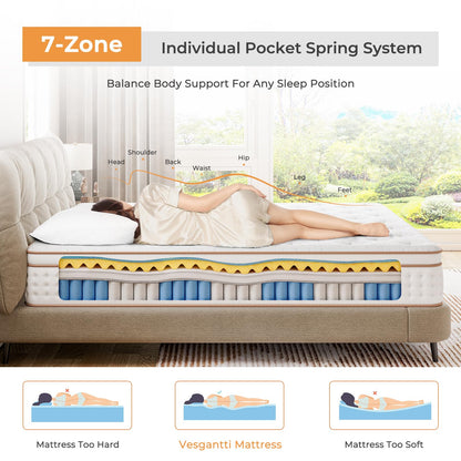 Vesgantti Queen Mattress, 14 Inch Memory Foam Hybrid Mattress in a Box with Individual Pocket Spring, Queen Size Mattress for Pressure Relief, Motion Isolation, Medium Firm Support