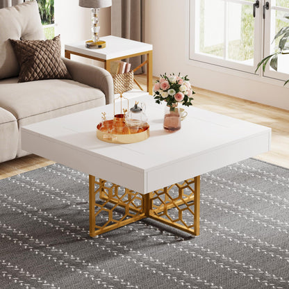 Tribesigns Wood Square Coffee Table with Gold Base White and Gold Coffee Table for Living Room White Low Coffee Table - WoodArtSupply