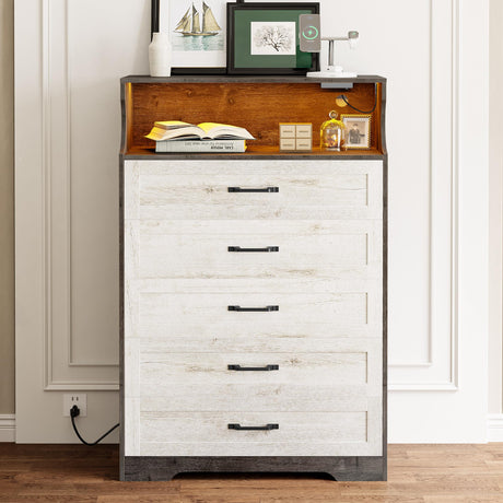 LIKIMIO 5-Drawer Wood Dresser with LED & USB Charging, Mid-Century Modern Farmhouse Bedroom Storage Cabinet, Rustic White w/Safety Strap, 48.4" Tall (15.7" D x 31.5" W) for Nursery, Living Room LIKIMIO
