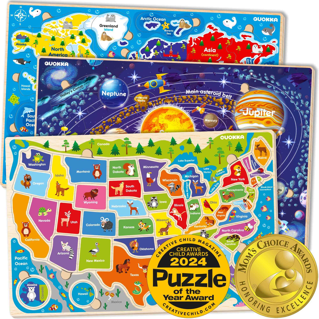 QUOKKA Wooden Puzzles for Kids Ages 4-6 – 3 Educational Wood Toddler Puzzles Ages 3-5 – Learning United States Toddler Game Puzzles Ages 2-4 – Gift World, Space and USA Maps for Boys and Girls QUOKKA