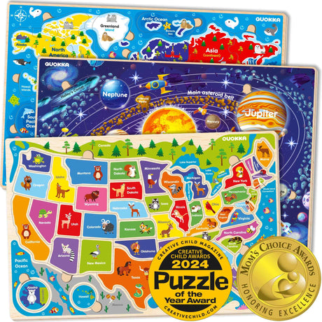 QUOKKA Wooden Puzzles for Kids Ages 4-6 – 3 Educational Wood Toddler Puzzles Ages 3-5 – Learning United States Toddler Game Puzzles Ages 2-4 – Gift World, Space and USA Maps for Boys and Girls QUOKKA