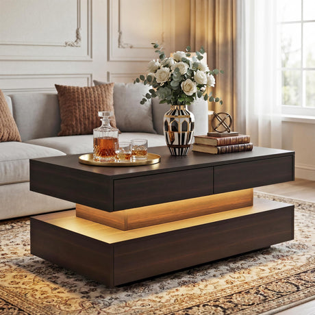 Coffee Table for Living Room, Modern Coffee Table with 2 Storage Drawers, 2 Tier Center Table Wood Coffee Tables with 20 Colors LED Lights, Mesa de Centro para Sala (Black and Brown) MWOOD