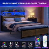 YITAHOME Queen Bed Frame with 2-Tier Storage Headboard, Metal Platform Bed Frame with Charging Station & LED Lights, Noise-Free/Metal Support/No Box Spring Needed, Rustic Brown YITAHOME