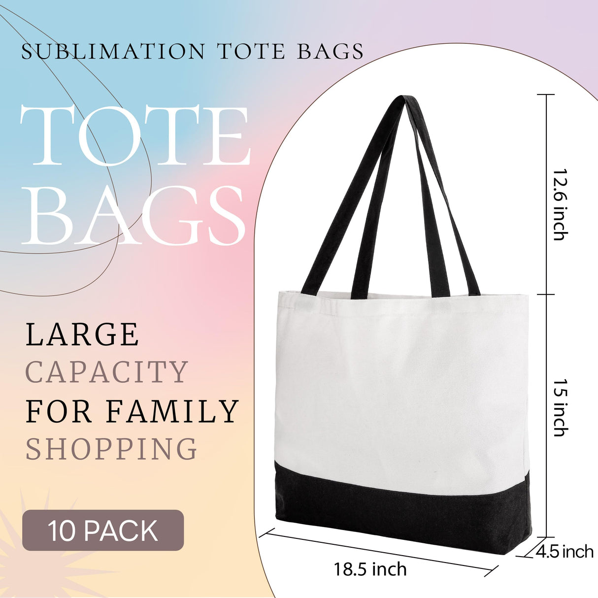 Joyclub 10 Pack Large Canvas Tote Bags Bulk Sublimation Blanks with Long Handle 18.5 x 15 x 4 inch Polyester Bags Wide Reusable Grocery for DIY Decorating Crafting Painting Shopping Joyclub