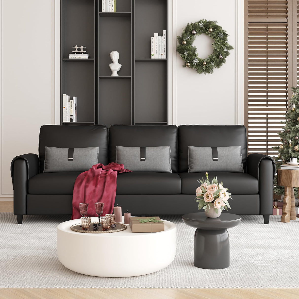 STHOUYN 88” Faux Leather Couch for Living Room, Black Office Couch Small Space, Comfy 3 Seater Couches Leather Sofa with High Backrest (Black) STHOUYN