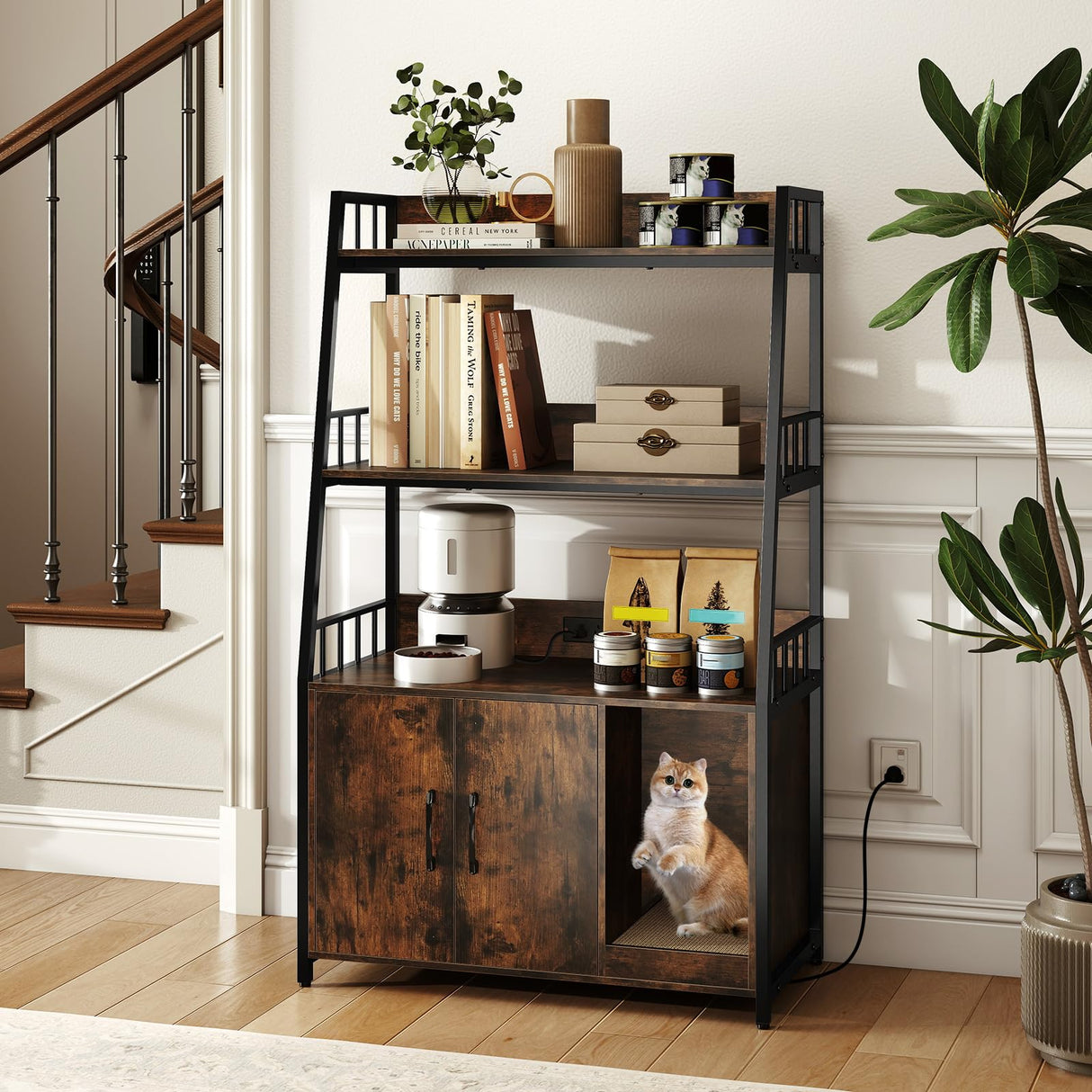 PETSITE Cat Litter Box Enclosure with Storage Shelves, 52 Inches Tall Hidden Litter Box with Charging Station, Scratching Board, and Winding Entry (Rustic Brown) PETSITE