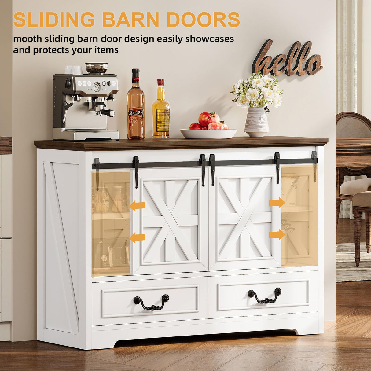 DWVO Farmhouse Buffet Cabinet with Storage, 47.2" Sideboard Cabinet with Sliding Barn Doors & 4 Drawers, Rustic Storage Cabinet for Kitchen, Living Room, Coffee Bar, White DWVO
