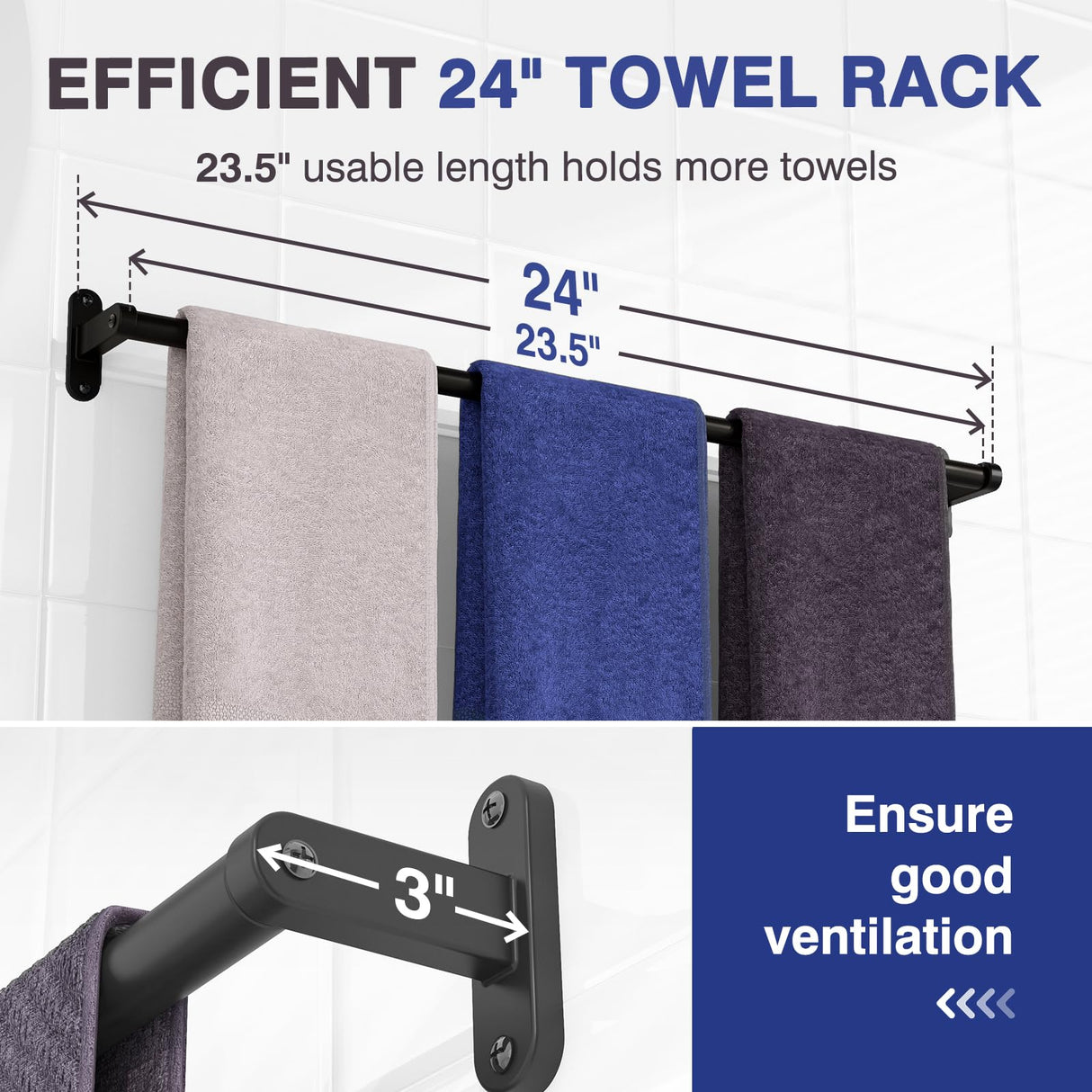 Powools Towel Rack for Bathroom - 24" Rustproof Towel Holder, Sturdy Towel Bar Wall Mounted, Space-Saving Towel Hanger, Bathroom Accessories, Home Decor, Apparment Essentials, Black Powools