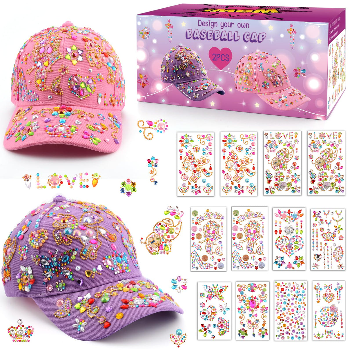 Christmas Gifts for Girls Decorate Your Own Baseball Cap with 12 Sheets Unicorn Gem Stickers, Fun Arts and Crafts Kit for Kids Age 4-12, 2PCS DIY Baseball Cap Birthday Gifts for Girls 4 5 6 7 8 9 10 Yoart