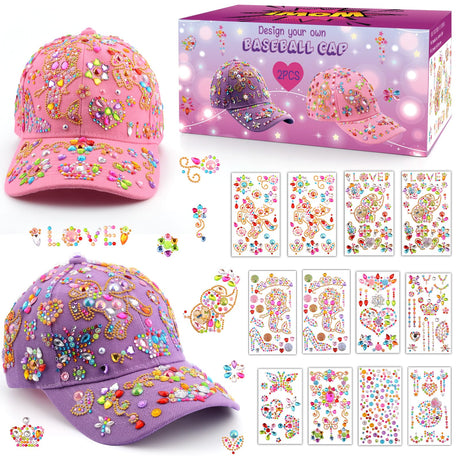 Christmas Gifts for Girls Decorate Your Own Baseball Cap with 12 Sheets Unicorn Gem Stickers, Fun Arts and Crafts Kit for Kids Age 4-12, 2PCS DIY Baseball Cap Birthday Gifts for Girls 4 5 6 7 8 9 10 Yoart