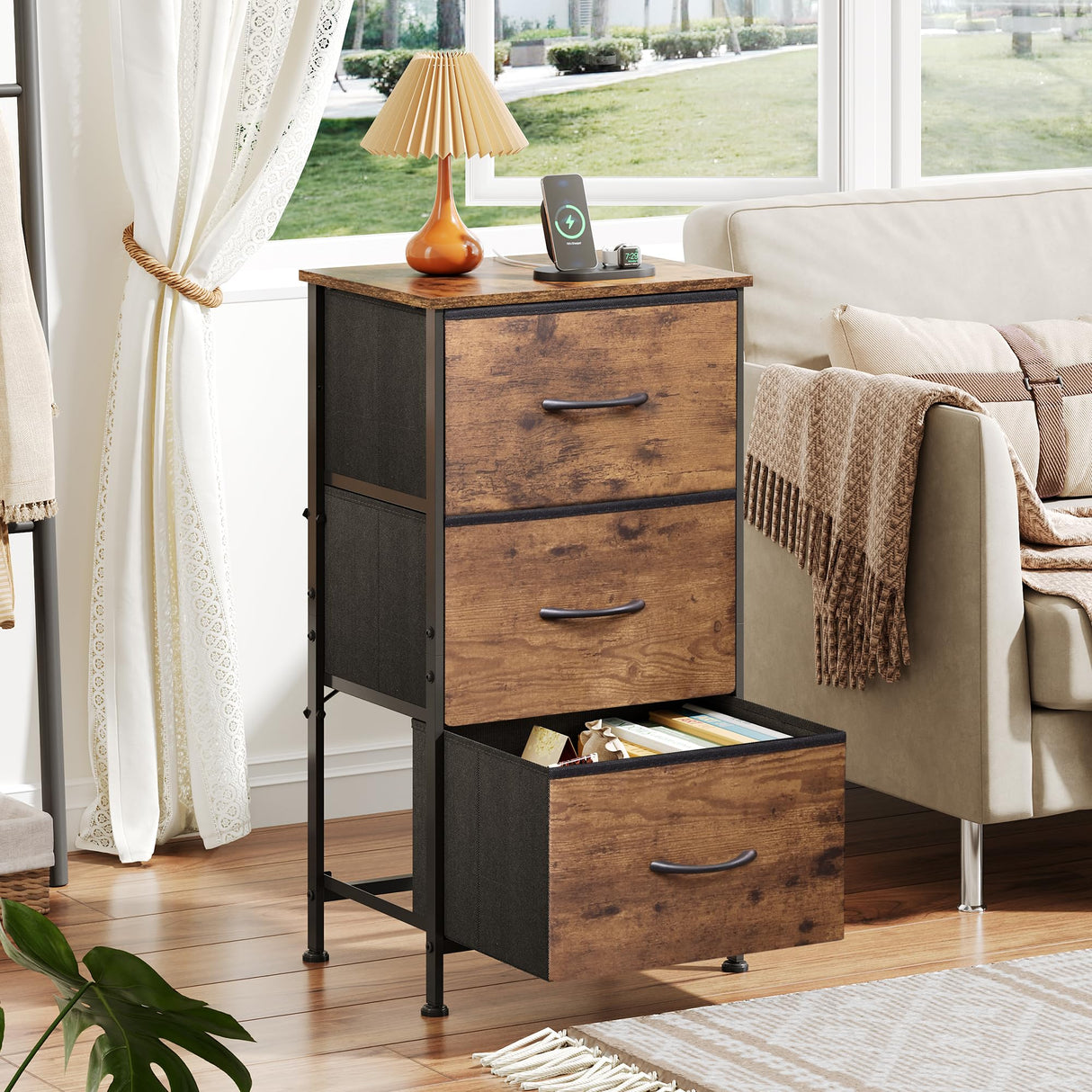 WLIVE Dresser with 3 Drawers, Fabric Nightstand, Organizer Storage Dresser for Bedroom, Hallway, Entryway, Closets, Sturdy Steel Frame, Wood Top, Easy Pull Handle, Rustic Brown Wood Grain Print WLIVE