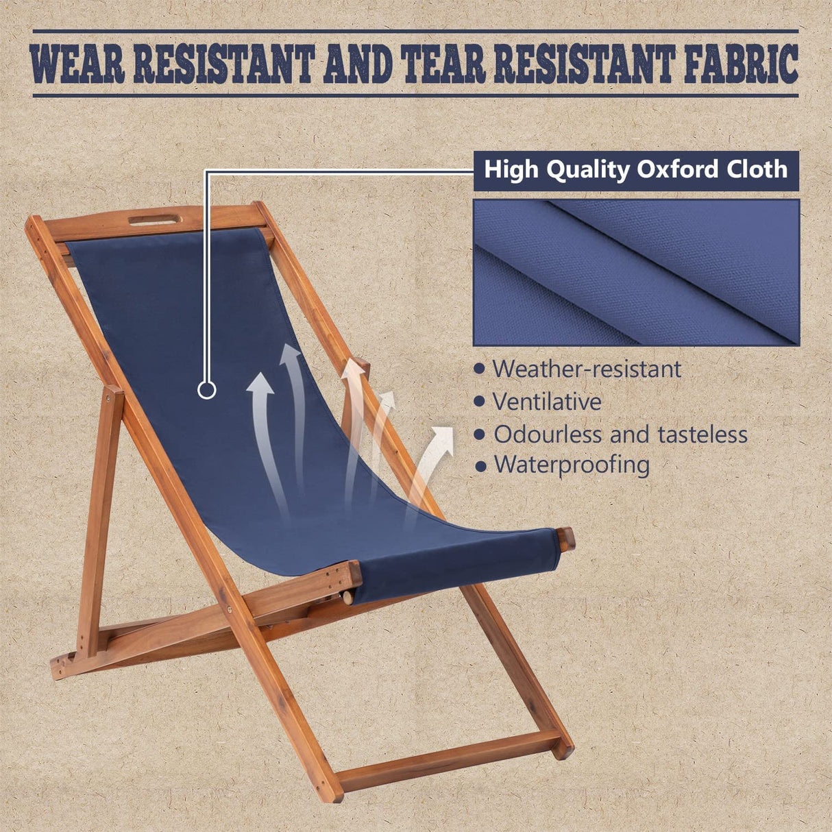 Patio Lounge Chair Outdoor Beach Chair Set of 2, Beach Sling Chair Patio Chairs Set of 2 , Wooden Folding Outdoor Chairs for Outside, 3 Level Height Adjustable, Portable Reclining Beach Chair Capacmkseh