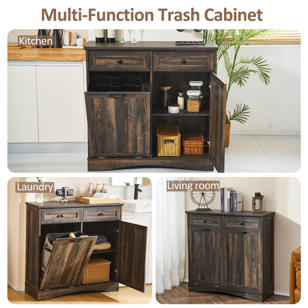 AHB 13 Gallon Tilt Out Trash Cabinet Free Standing Trash Bin Holder Recycling Cabinet with Hideaway Drawers, Pet Proof Garbage Can Cabinet for Kitchen Living Room, Rustic Brown AHB
