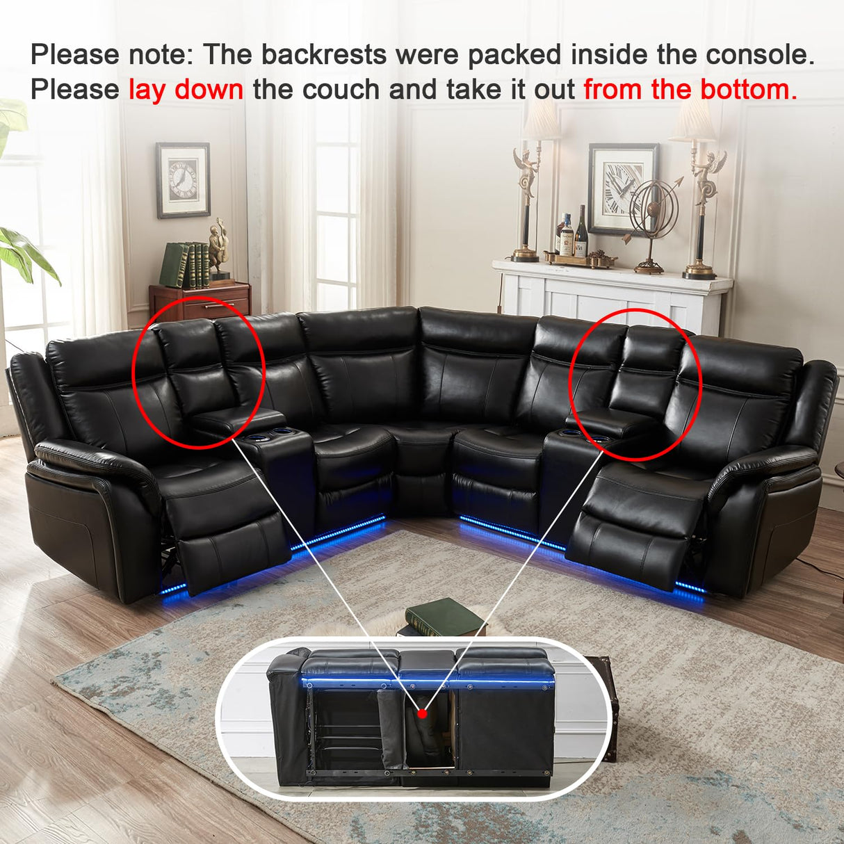 Power Recliner Sectional Sofa Couches with LED Lights for Living Room, Faux Leather Wall Hugger Reclining Corner Couch Sets with 2 Home Theater Seat, USB Charger, Cup Holder, Storage Console, Black Comfort Stretch