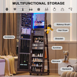 HNEBC 360° Swivel Jewelry Armoire with Mirror, LED Mirror Jewelry Cabinet Standing, Full Length Mirror with Jewelry Storage, Standing Jewelry Organizer/Lockable Wheels/Foldable Makeup Shelf (Brown) HNEBC