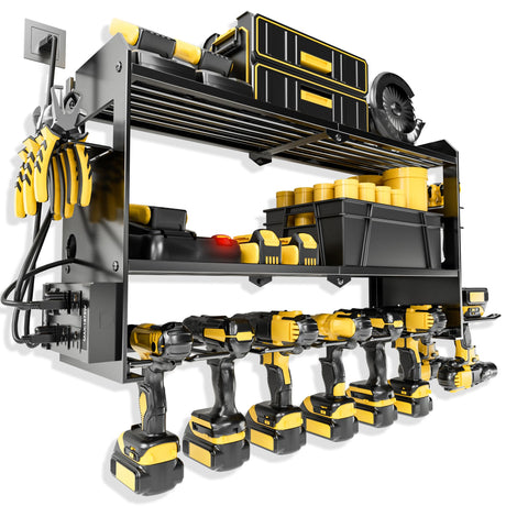 Power Tool Organizer Wall Mount with Charging Station, Cordless Drill and Battery Holder Shelf for Garage Organization,Heavy Duty Metal Tool Rack Storage, Load 300lbs, Built in 5 Outlet Power Strip massooan