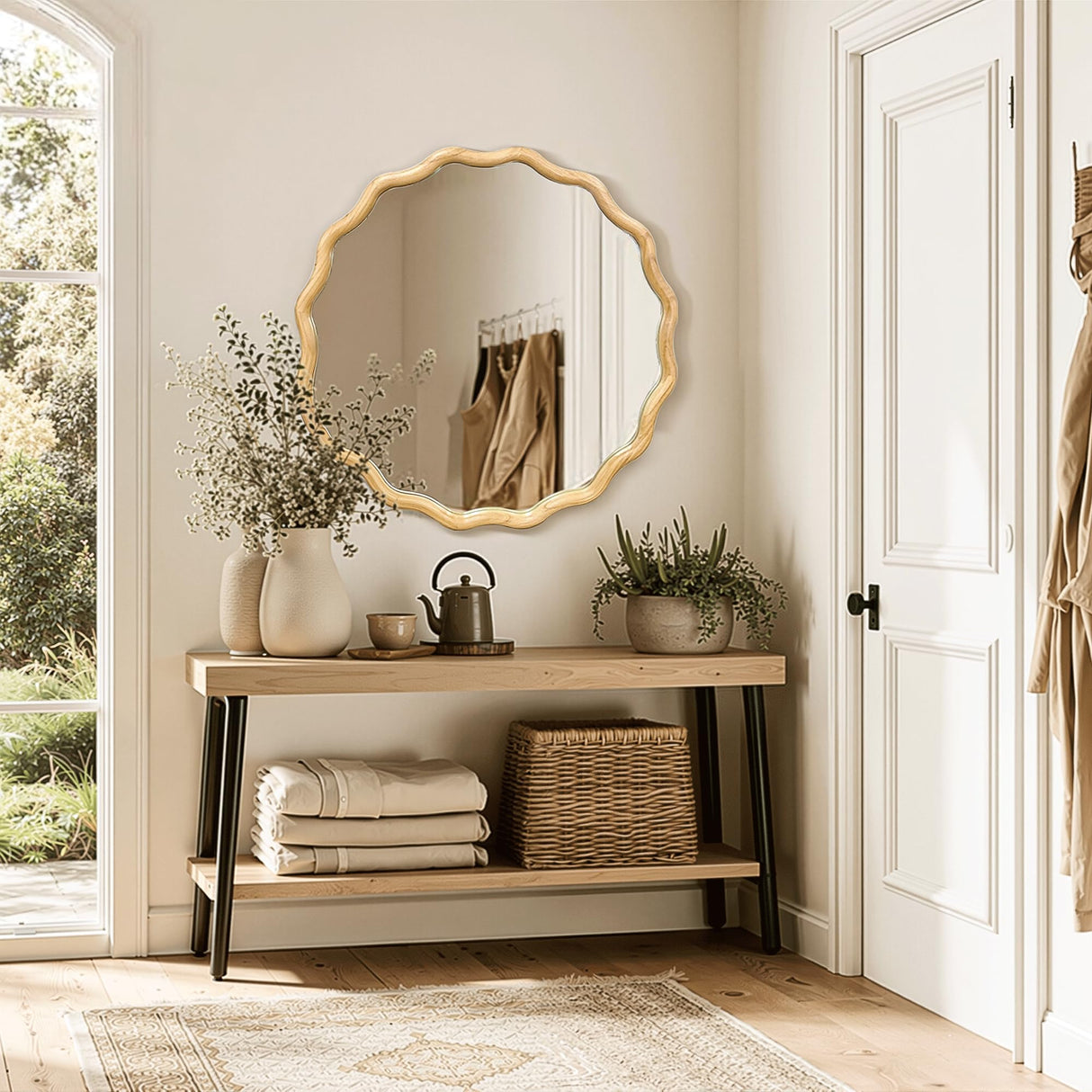 Circle Wood Mirrors for Wall, Wavy Round Bathroom Scalloped Mirror Wooden Frame 24 Inch for Living Room Farmhouse Bedroom Hallway Entryway Living Room with Shatterproof Glass Wall Mounted FGU