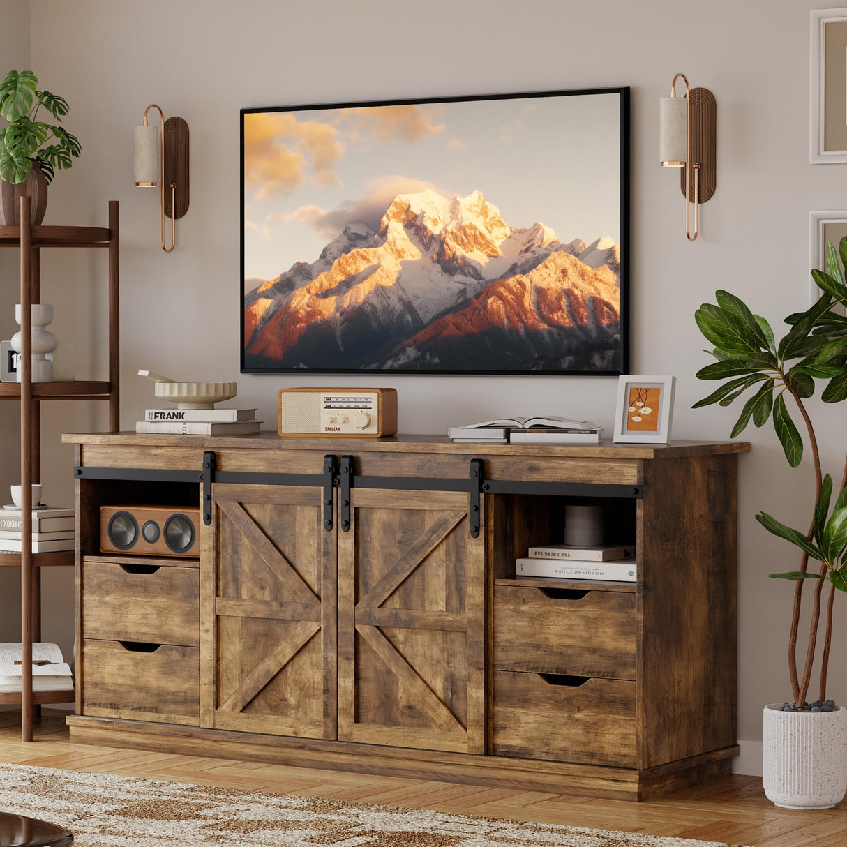 YESHOMY TV Stand for Televisions up to 65 Inchs, with Sliding Barn Doors and 4 Storage Drawers, Console Table and Media Furniture for Living Room, 58 Inch, Barnwood YESHOMY
