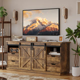 YESHOMY TV Stand for Televisions up to 65 Inchs, with Sliding Barn Doors and 4 Storage Drawers, Console Table and Media Furniture for Living Room, 58 Inch, Barnwood YESHOMY
