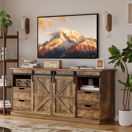 YESHOMY TV Stand for Televisions up to 65 Inchs, with Sliding Barn Doors and 4 Storage Drawers, Console Table and Media Furniture for Living Room, 58 Inch, Barnwood YESHOMY