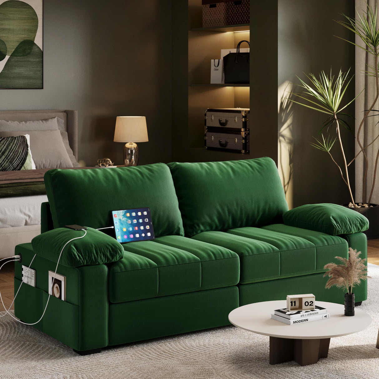 Yaheetech 79" Velvet Modern Sofa Couch with Storage Pockets and USB Ports, 2 Seater Comfy Loveseat Sleeper with Removable Armrest Pillow & Cover for Living Room, Apartment, Bedroom, Green Yaheetech