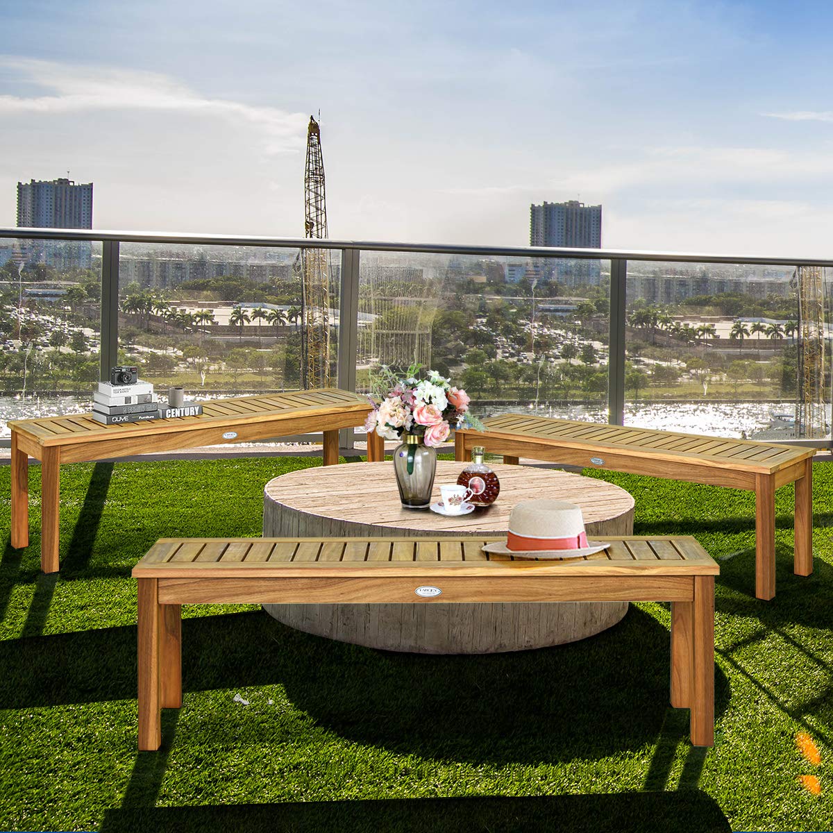 Tangkula 52 Inches Acacia Wood Outdoor Bench, Wood Bench for Dining Room Entryway Poolside Garden, Patio Backless Dining Bench with Slatted Seat, Ideal for Outdoors & Indoors (2, Teak) Tangkula