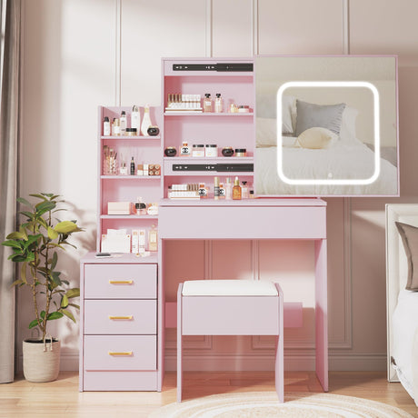 Patikuin Vanity Desk with Mirror and LED Lights, Makeup Vanity Desk with Sliding Lighted Mirror, Power Outlet, Dressing Table with 4 Drawers, Storage Shelves & Cushioned Stool for Bedroom, Pink Patikuin