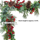Winlyn 6' Long Artificial Eucalyptus and Pine Christmas Garland with Pine Cones Red Berries Pine Needles Winter Greenery Garland Christmas Season Holiday Wedding Table Runner Centerpiece Mantel Decor Winlyn