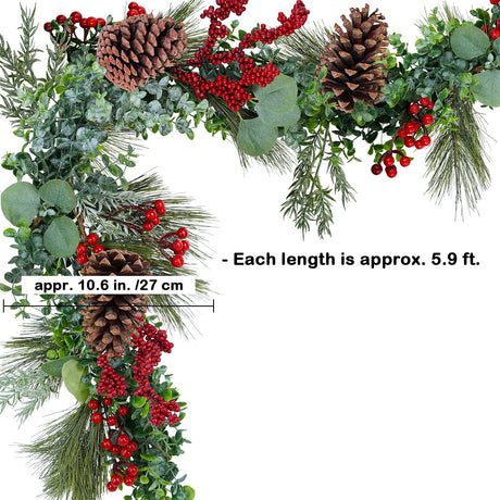 Winlyn 6' Long Artificial Eucalyptus and Pine Christmas Garland with Pine Cones Red Berries Pine Needles Winter Greenery Garland Christmas Season Holiday Wedding Table Runner Centerpiece Mantel Decor Winlyn