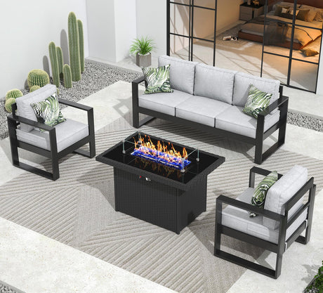 Vakollia Outdoor Aluminum Furniture Set with Fire Pit Table - 4 Pieces Modern Patio Conversation Sets Metal Sectional Sofa Set Vakollia