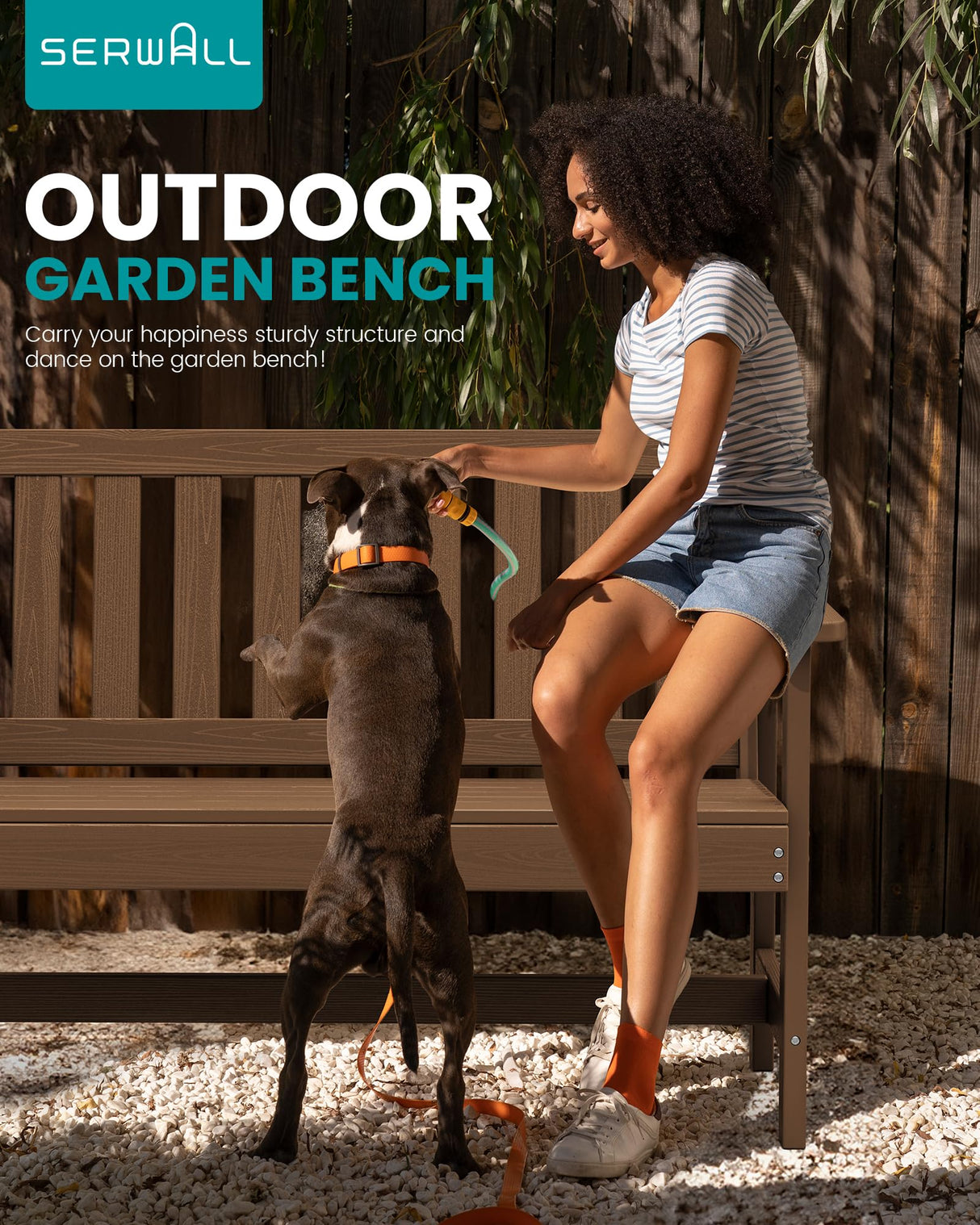 SERWALL Outdoor Bench, HDPE Outdoor Benches Weatherproof, 2-Person Garden Bench with 660 lbs Weight Capacity, Patio Benches for Outdoors, Garden, Porch, Backyard and Park, Brown SERWALL