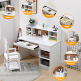 Kids Desk and Chair Set, Wooden Study Table with Storage Shelf, Bulletin Board, Keyboard Stand and Pen Holder, Children School Learning Desk Set, Writing Table for Boys and Girls, White GarveeHome