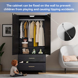 Wooden Armoire Wardrobe Closet with 2 Drawers, Bedroom Armoires with Door and Shelves, Freestanding Wardrobe Clothing Storage Cabinet with Hanging Rod for Bedroom, Laundry Room, Cloak Room（Black） Honsiva