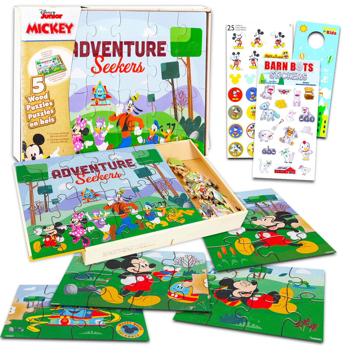 Mickey Mouse Wooden Puzzle 5 Pack - Mickey Mouse Wood Puzzles Bundle with Holding Tray with Mickey Stickers and More | Mickey Mouse Jigsaw Puzzles for Kids Disney