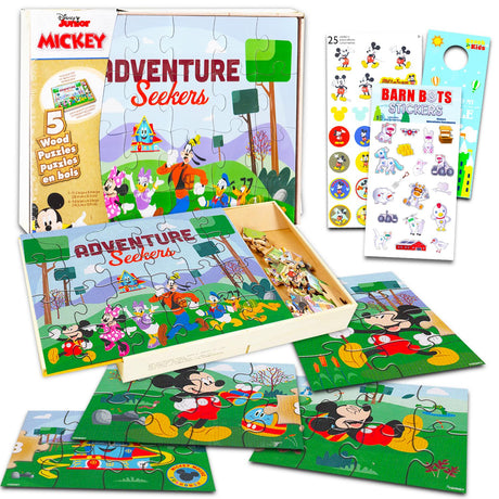 Mickey Mouse Wooden Puzzle 5 Pack - Mickey Mouse Wood Puzzles Bundle with Holding Tray with Mickey Stickers and More | Mickey Mouse Jigsaw Puzzles for Kids Disney