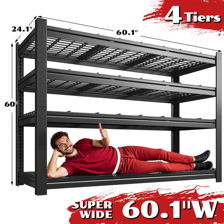 Snhomee 60.1" W Storage Shelves Extra Wide Metal Shelving 2500LBS Garage Shelving Adjustable 4 Tier Garage Shelves Industrial Metal Shelf for Basement Warehouse Shop 60.1" W x 24.1" D x 60" H Snhomee