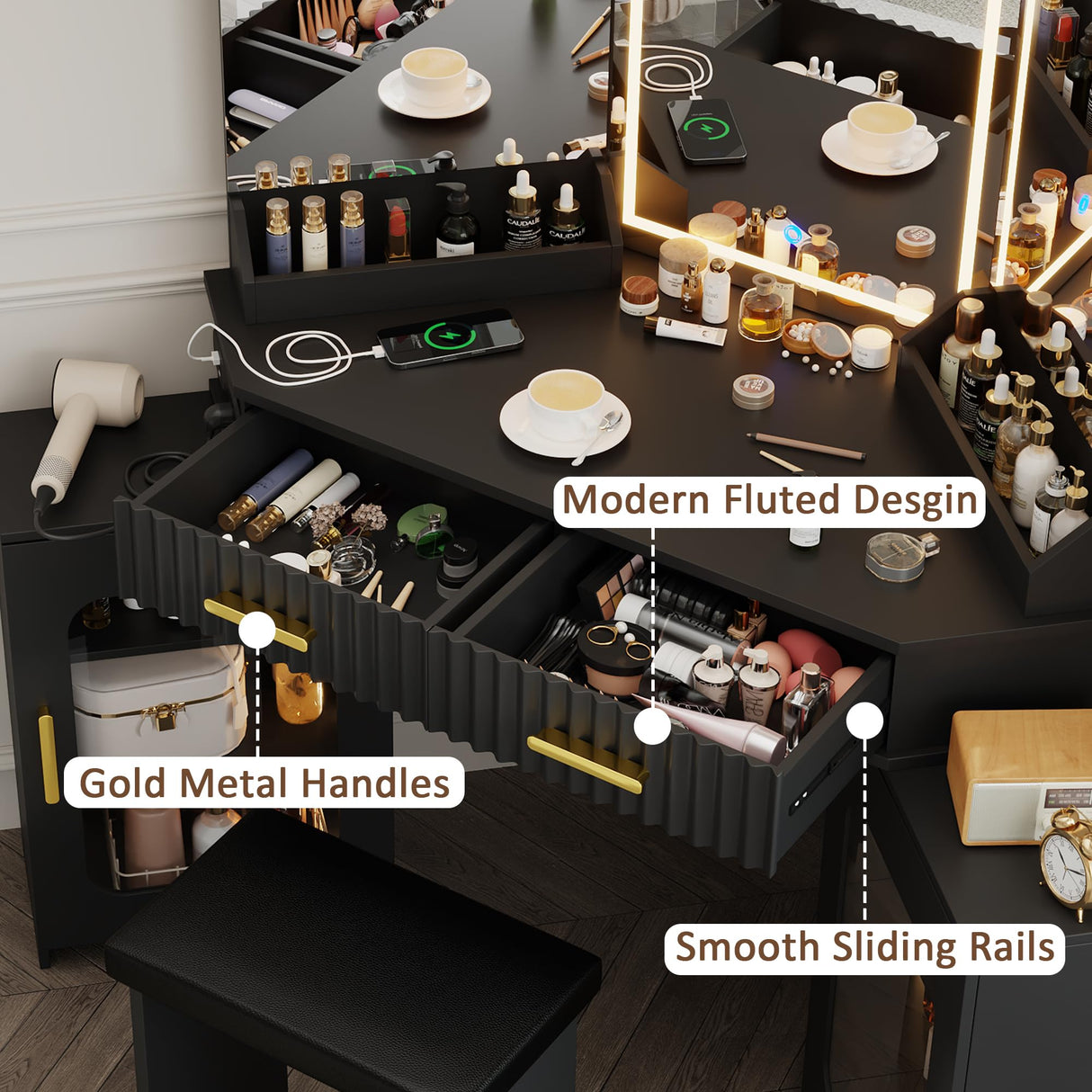 Casvik Corner Vanity Desk with 3 Way Mirror and Lights, 54" Modern Fluted Makeup Vanity with 2 Drawers & 2 Storage Cabinet, Charging Station, Stool, Large Bedroom Dressing Table for Women (Gold+Black) Casvik