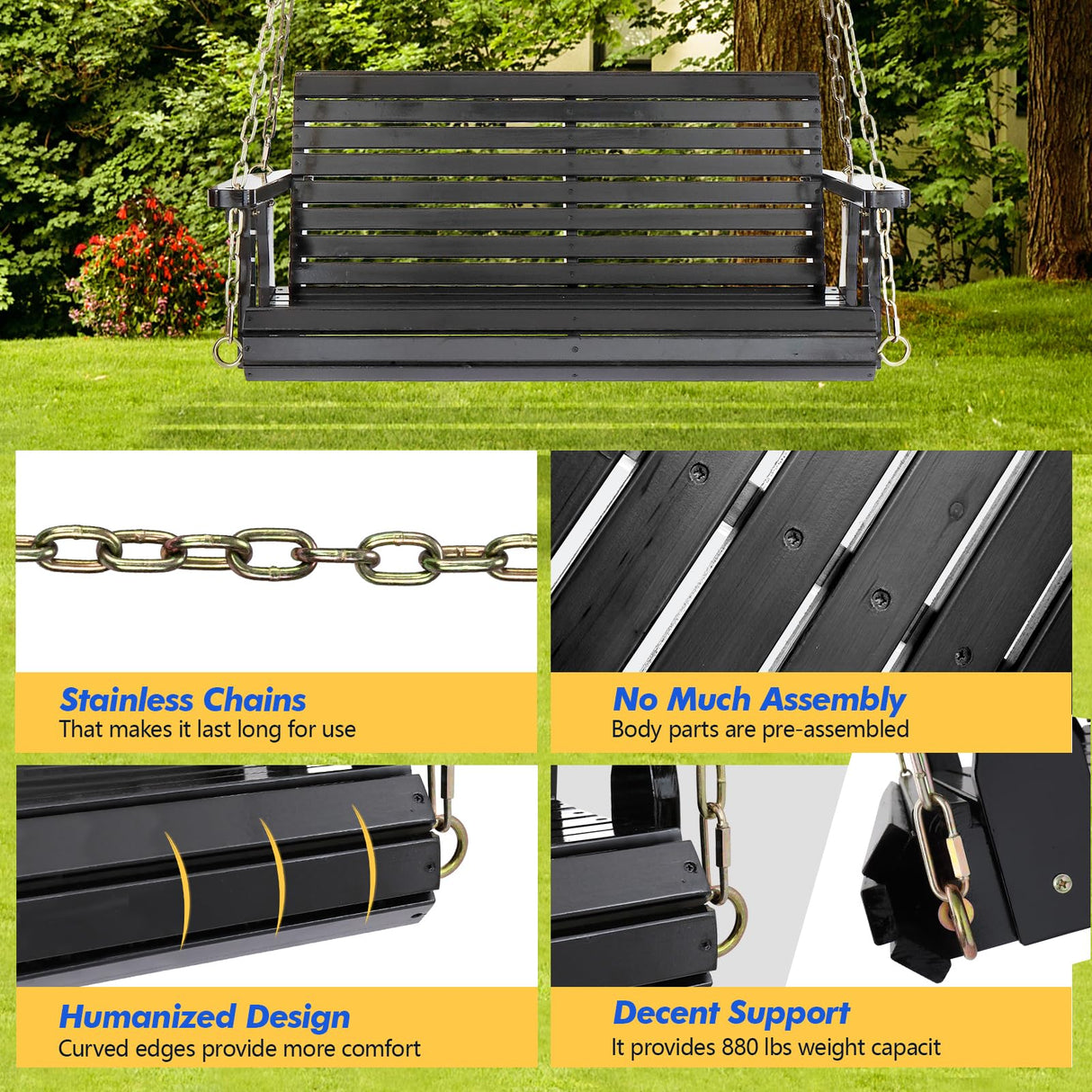VINGLI Upgraded Patio Wooden Porch Swing for Courtyard & Garden, Heavy Duty 880 LBS Swing Chair Bench with Hanging Chains for Outdoors (Black, 4 FT) VINGLI