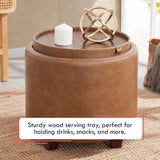 Ornavo Home Lawrence Round Storage Ottoman with Lift Off Lid and Tray Lid Coffee Table, Ottoman with Storage for Living Room, Bedroom and Office, Faux Leather Mocha Ornavo Home