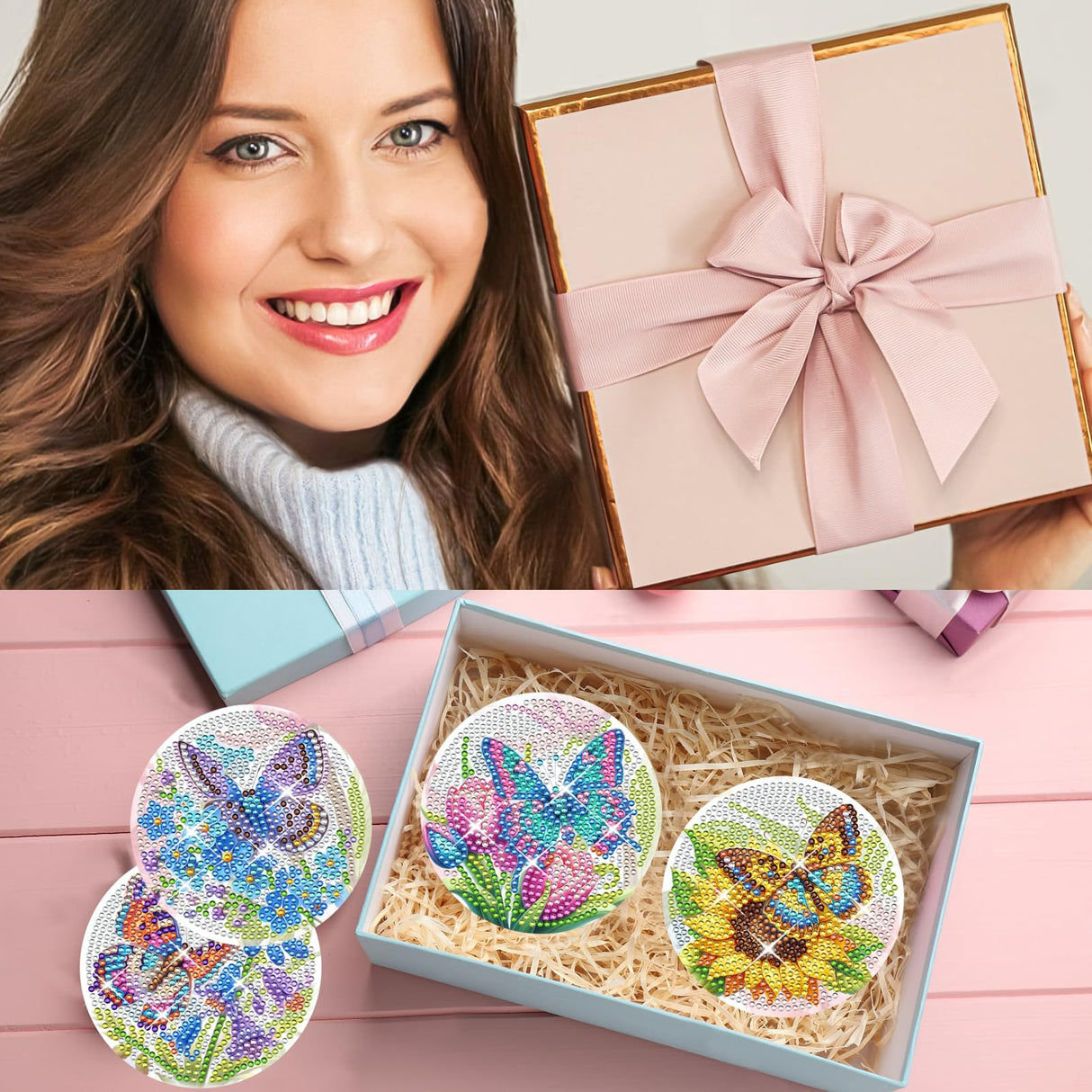 TDOOW Diamond Art Painting Coasters Kit, 8 Pcs Colorful Butterfly Diamond Art Coasters with Holder, DIY Diamond Painting for Adults Beginners TDOOW