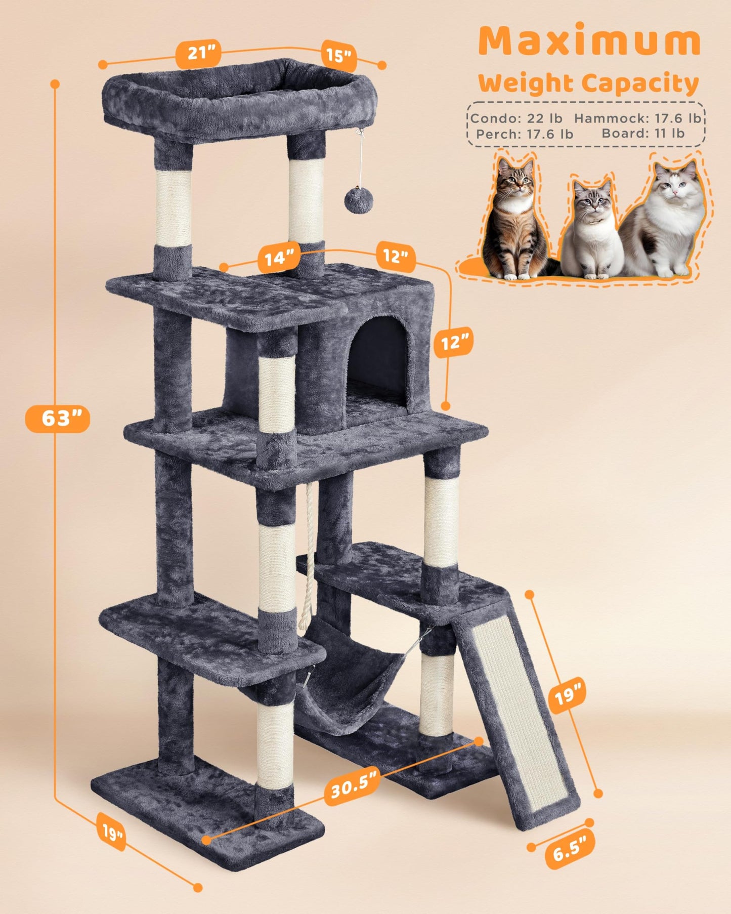 Yaheetech Large Multi-Level Cat Tree, 63 Inches Tall with Sisal-Covered Scratching Posts, Condo, Hammock, Dangling Ball, and Extended Platform for Cats to Play and Sleep